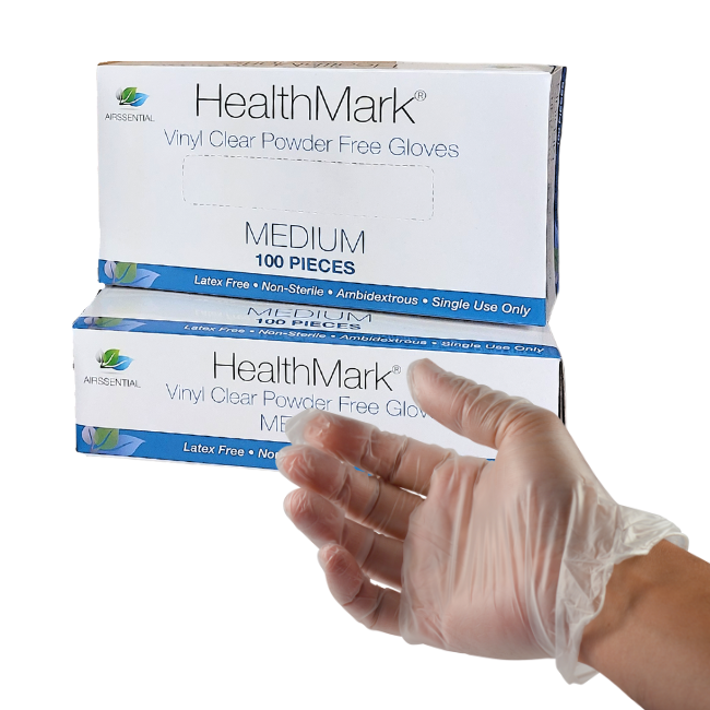 HealthMark Clear Vinyl Powder Free Gloves - Medium, 100 Pcs